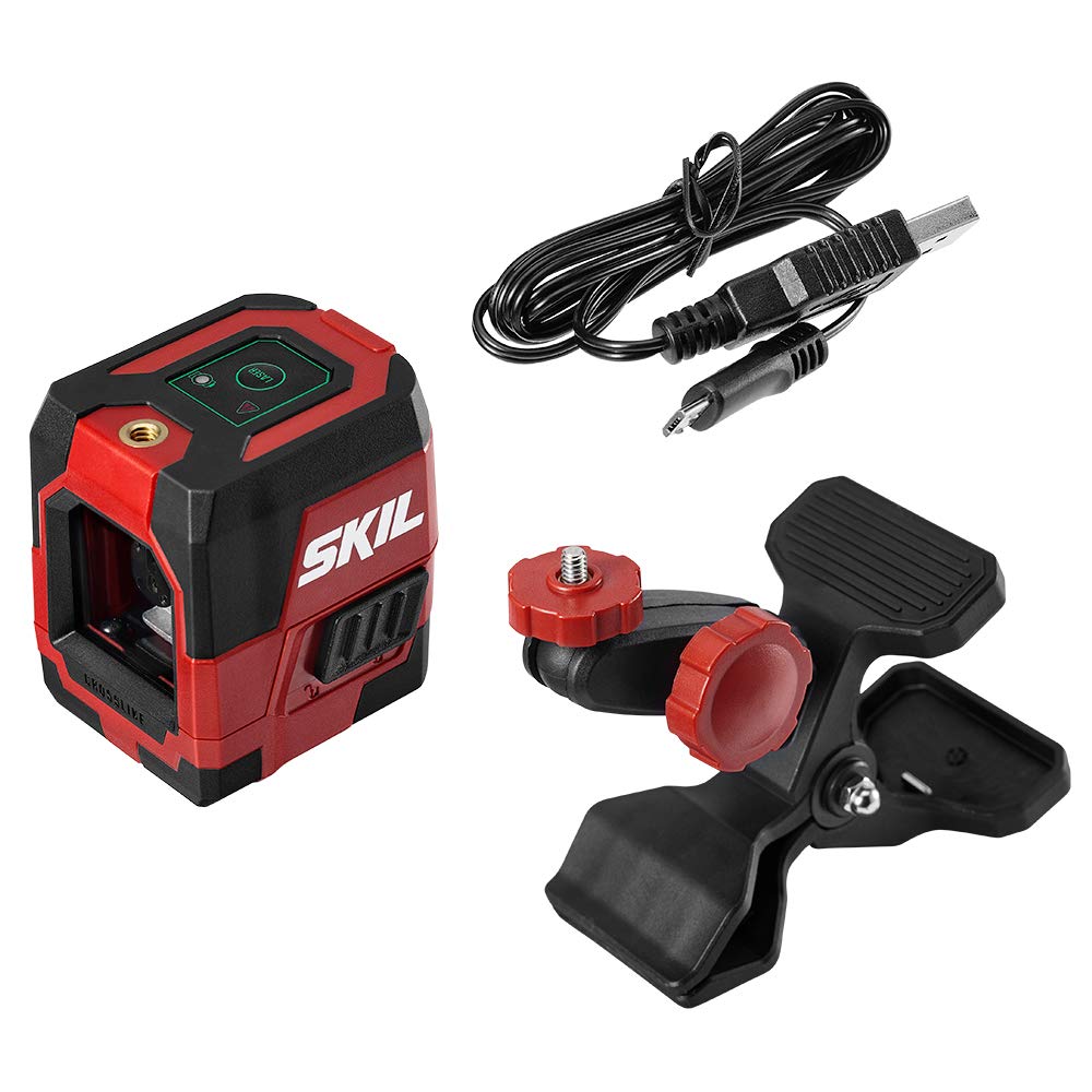 SKIL 65ft. Green Self-leveling Cross Line Laser Level with Horizontal and Vertical Lines, Rechargeable Lithium Battery with USB Charging Port, Clamp & Carry Bag Included - LL9324G-01 Skil