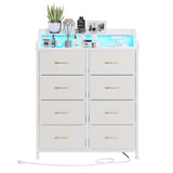 LUMTOK 8-Drawers Dresser with Power Outlets, Built-in Power Strips & LED Strips, Fabric Dressers Drawers for Bedroom, Hallway, Nursery, Steel Frame, Wood Top, Easy Pull Handle (White) LUMTOK