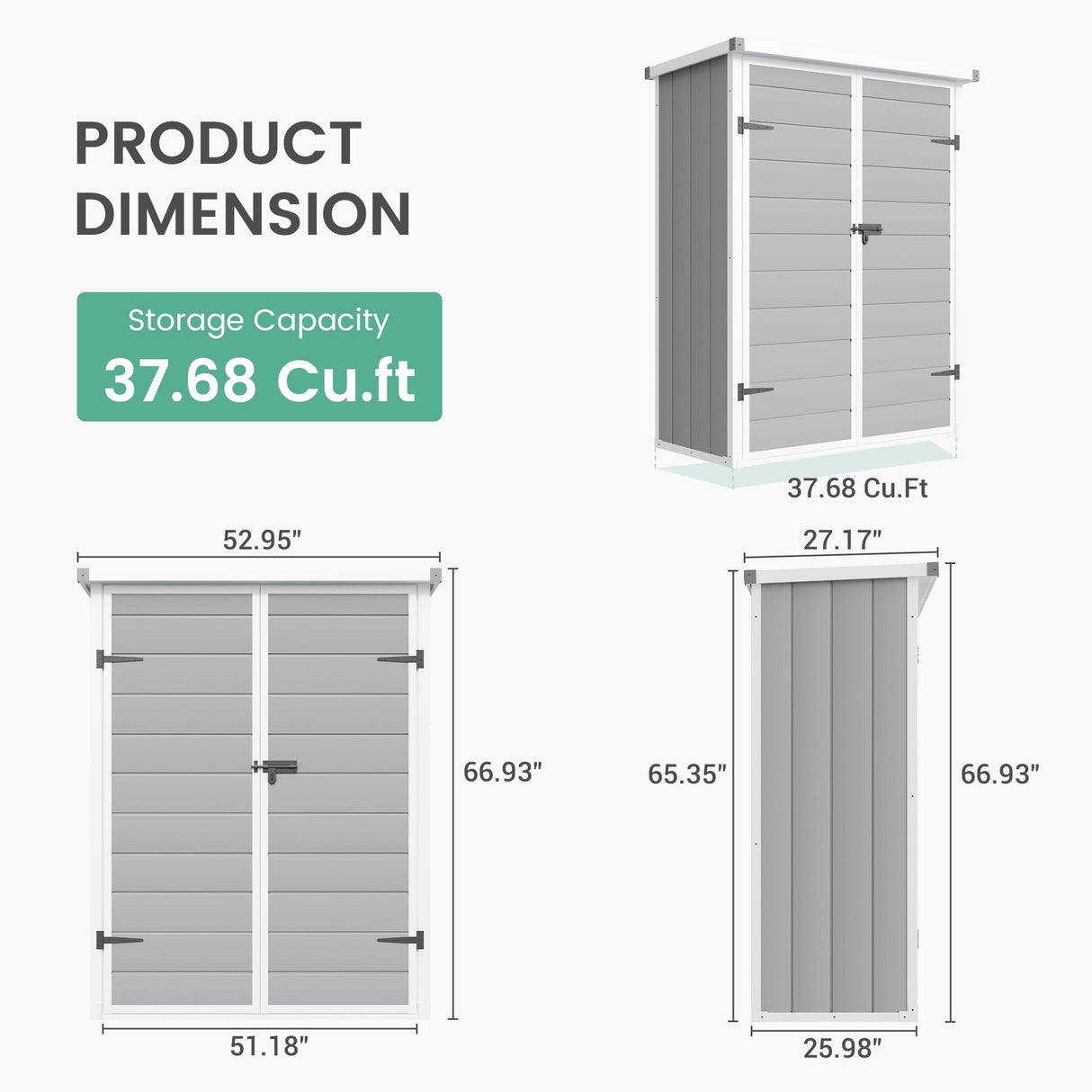 UDPATIO 38 Cu.ft Resin Outdoor Storage Shed, Vertical Tool Shed with Shelving Brackets for Patio Pool Lawn Garden, Grey UDPATIO