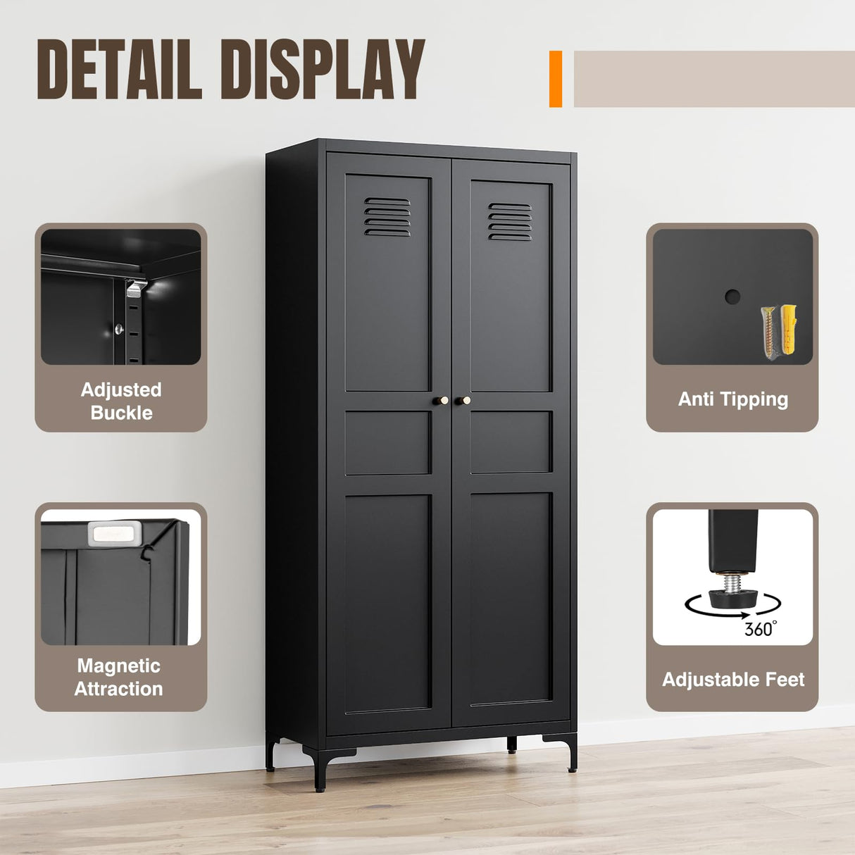 Yizosh Metal Pantry Cabinet, Tall Kitchen Pantry Storage Cabinet with Doos and Adjustable Shelves - 61" Black Cupboard Cabinet for Kitchen, Living Room, Dining Room, Home Yizosh