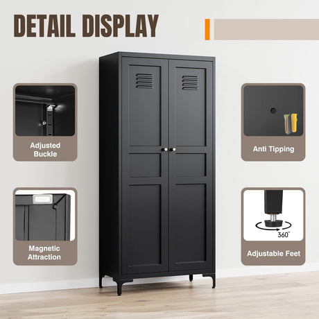 Yizosh Metal Pantry Cabinet, Tall Kitchen Pantry Storage Cabinet with Doos and Adjustable Shelves - 61" Black Cupboard Cabinet for Kitchen, Living Room, Dining Room, Home Yizosh