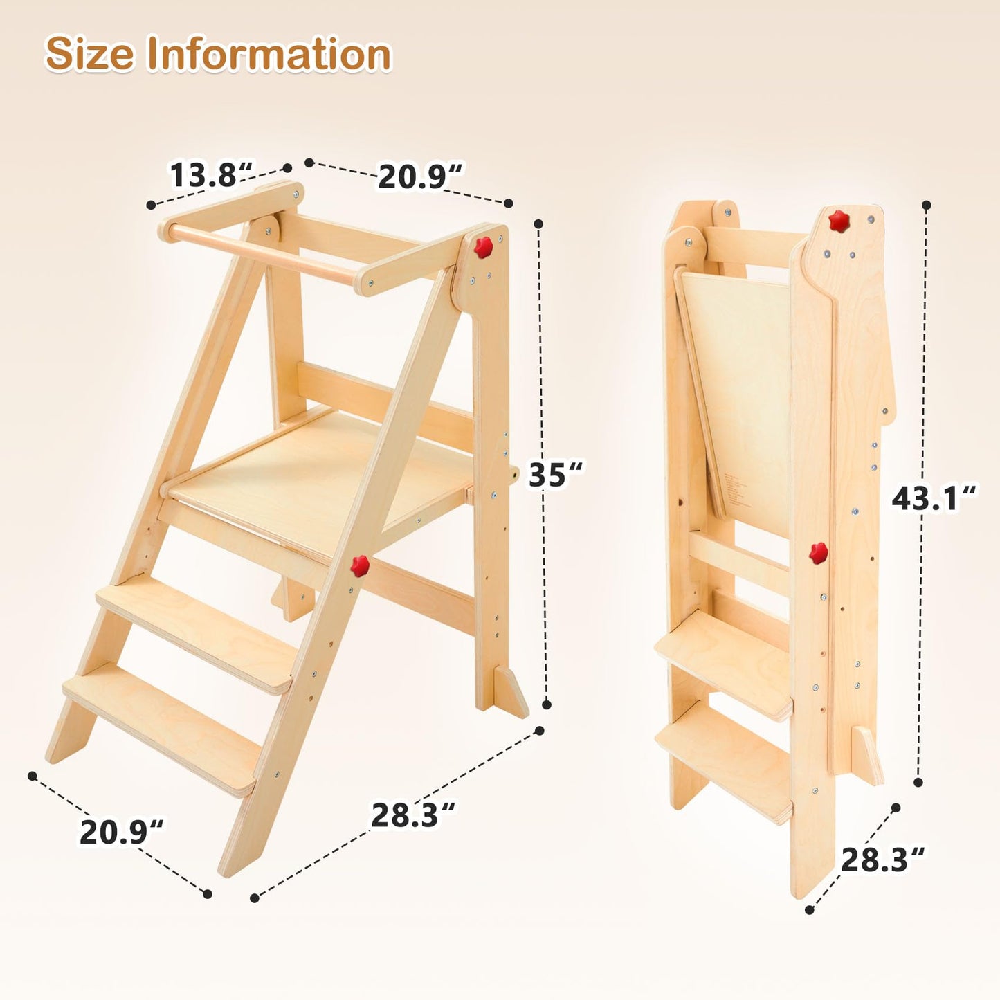 Foldable Toddler Tower with Safety Rails, 3-Level Adjustable Height Standing Kitchen Stool Helper with Safety Feet, Montessori Learning Tower for Toddlers Aged 1-6，Natural