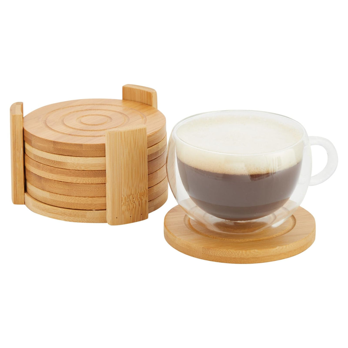 Juvale Set of 6 Bamboo Wood Coasters with Holder for Coffee Table, Hot Drinks, Beverages, Housewarming Gift (4.3 in) Juvale
