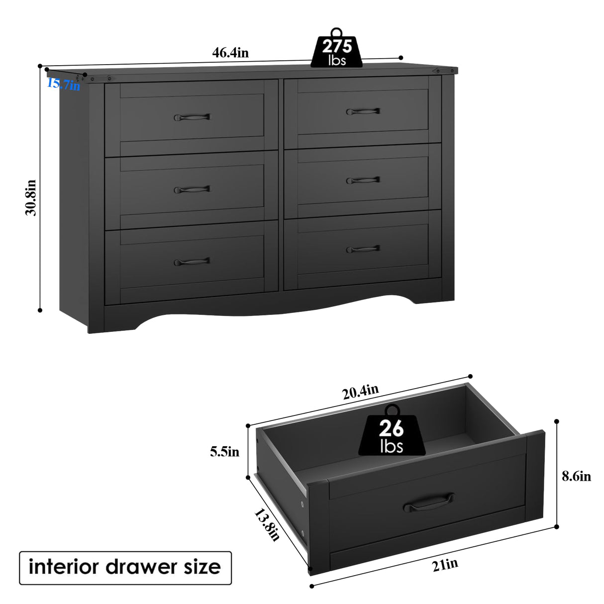 Loomie Farmhouse 6 Drawers Double Dresser for Bedroom, Modern White Dresser Chest of Drawers, Wide Dressers Organizer, Accent Storage Cabinet for Closet, Living Room, Hallway, Black Loomie