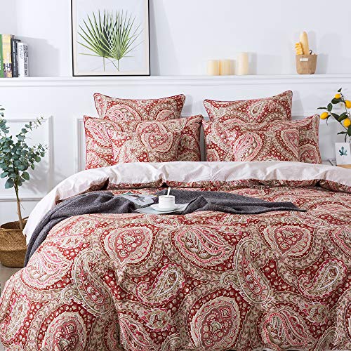 FADFAY Paisley Duvet Cover Set 100% Cotton Ultra Soft Red and Beige Reversible Paisley Bedding Set with Hidden Zipper Closure 3 Pieces, 1Duvet Cover & 2Pillowcases, King/California King Size FADFAY