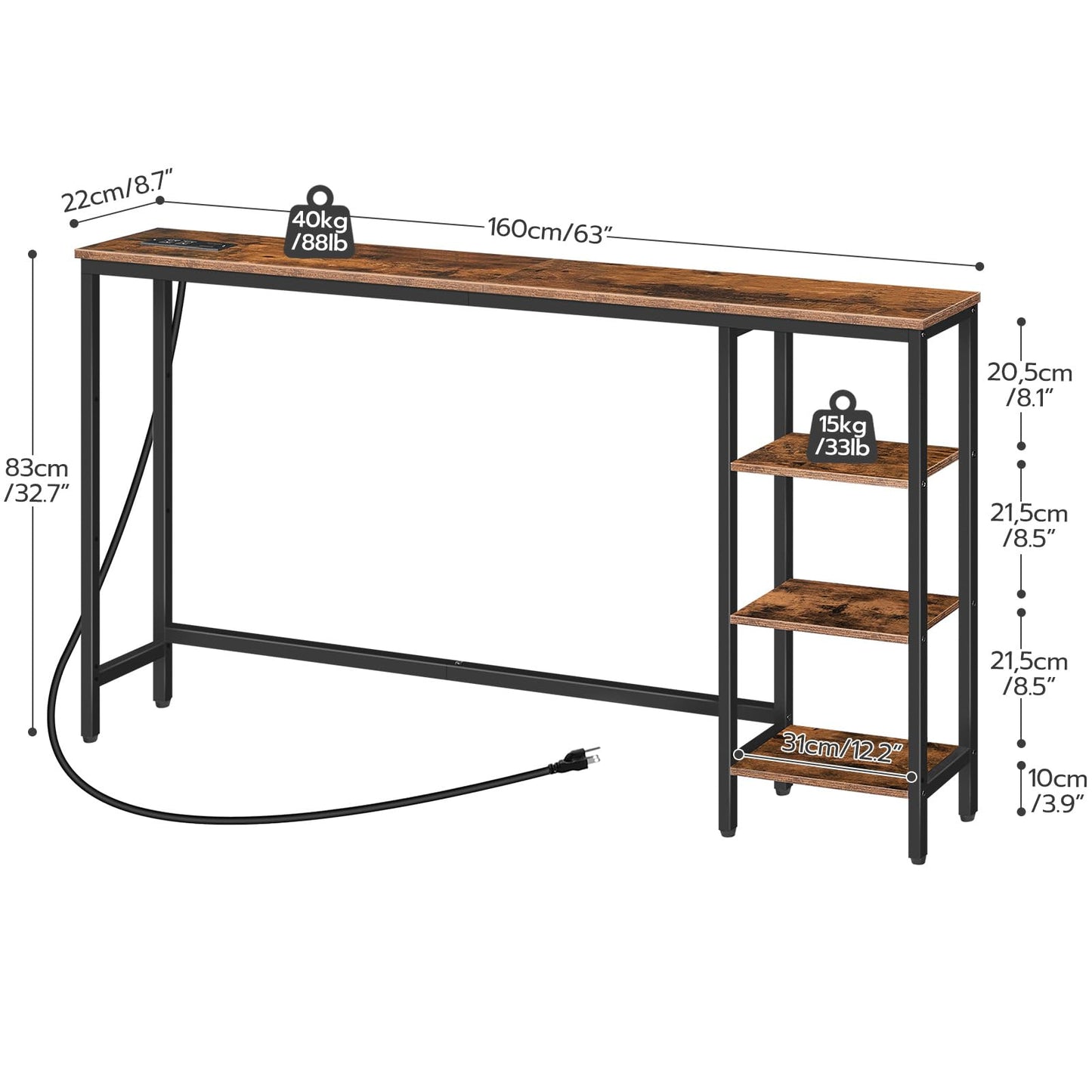 HOOBRO Rustic Brown and Black Console Table with Power Outlet and Shelves, 63" Multifunctional Sofa Table for Home Office and Entryway