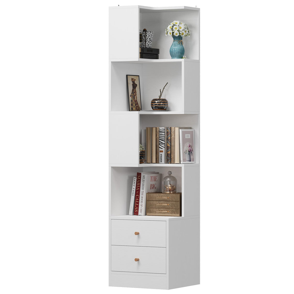 IRONCK Corner Bookshelf, 70.87" Tall Corner Bookcase with Drawers, Corner Shelf Storage Display Rack for Living Room Home Office, White IRONCK