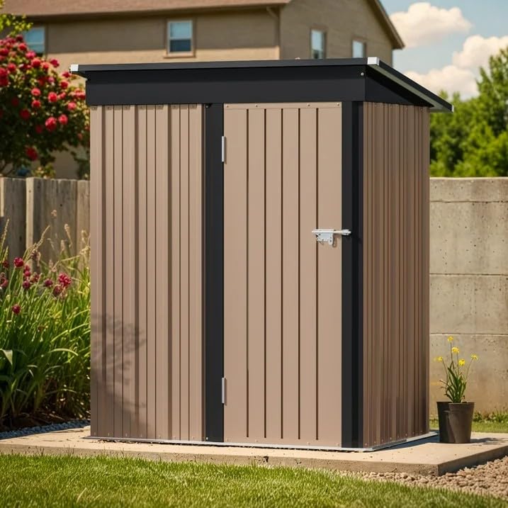 Greesum 5×3 FT Outdoor Storage Shed, Metal Storaged Sheds Without Floor, Tool Sheds with Lockable Doors and Sloping Roof for Garden, Patio, Backyard, Brown Greesum