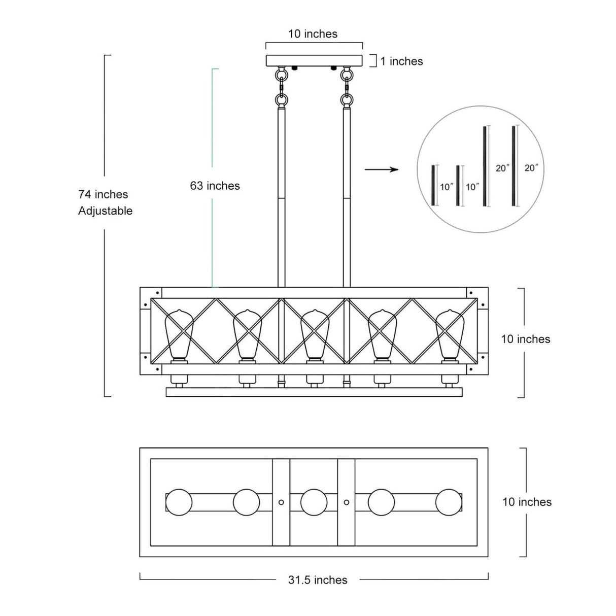 Farmhouse Chandelier for Dining Room, 5-Light Rectangular Chandelier, Wood Kitchen Island Lighting, 31.5'' L RUZINIU