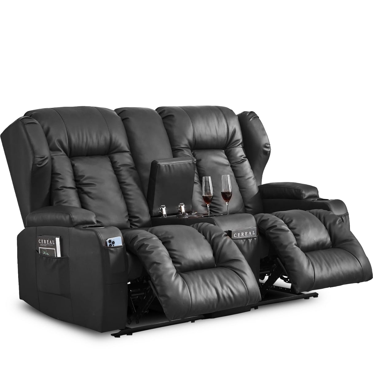 SAMERY 65.5" RV Loveseat Recliner Double Recliner RV Sofa & Console | Wall Hugger Loveseat Reclining RV | RV Theater Seats | RV Couch | RV Home Theater Seating Furniture (Faux Leather Black) SAMERY