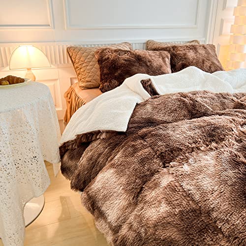 Luxury Faux Fur Shaggy Comforter Set Full/Queen Size, Plush & Sherpa Reversible Comforter Tie Dye Coffee, 3 Pieces Fluffy Fuzzy Bedding Set Ultra Soft and Warm for Winter (1 Comforter + 2 Pillowcases) Flysheep