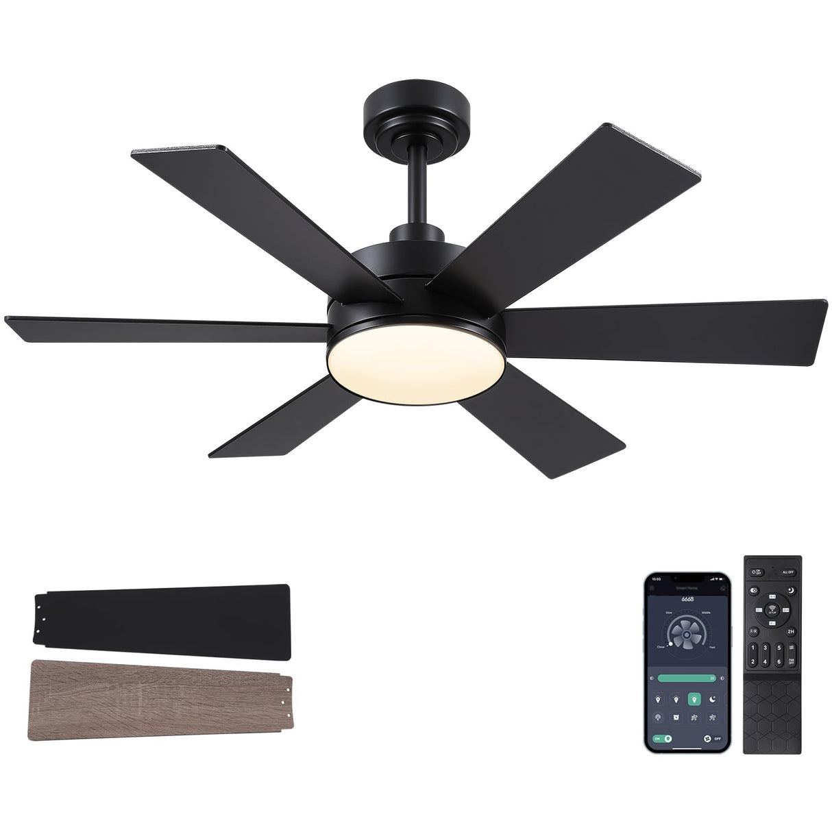 42 inch Ceiling Fans with Lights, Black Ceiling Fan with Remote APP, Dual-Sided Modern/Rustic 6 Blades, Reversible, 3CCT, Sloped Flush Mount Low Profile Ceiling Fan with Lights Bedroom Kitchen Indoor BayDay