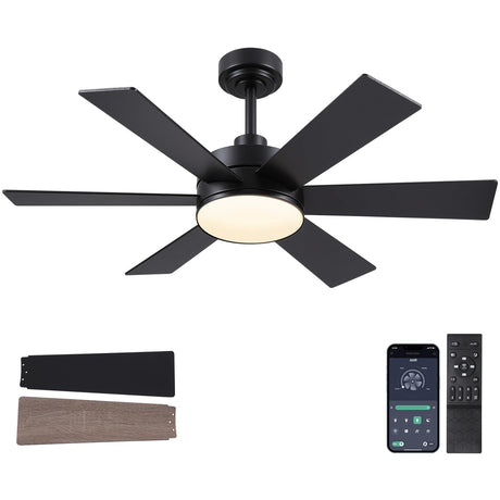 42 inch Ceiling Fans with Lights, Black Ceiling Fan with Remote APP, Dual-Sided Modern/Rustic 6 Blades, Reversible, 3CCT, Sloped Flush Mount Low Profile Ceiling Fan with Lights Bedroom Kitchen Indoor BayDay