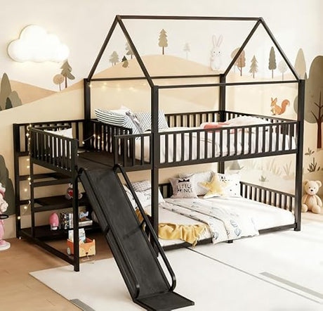 Bellemave Metal Bunk beds Full Over Full with Slide and Storage Stairs, House Floor bunk Bed with guardrail for Kids,Black Bellemave