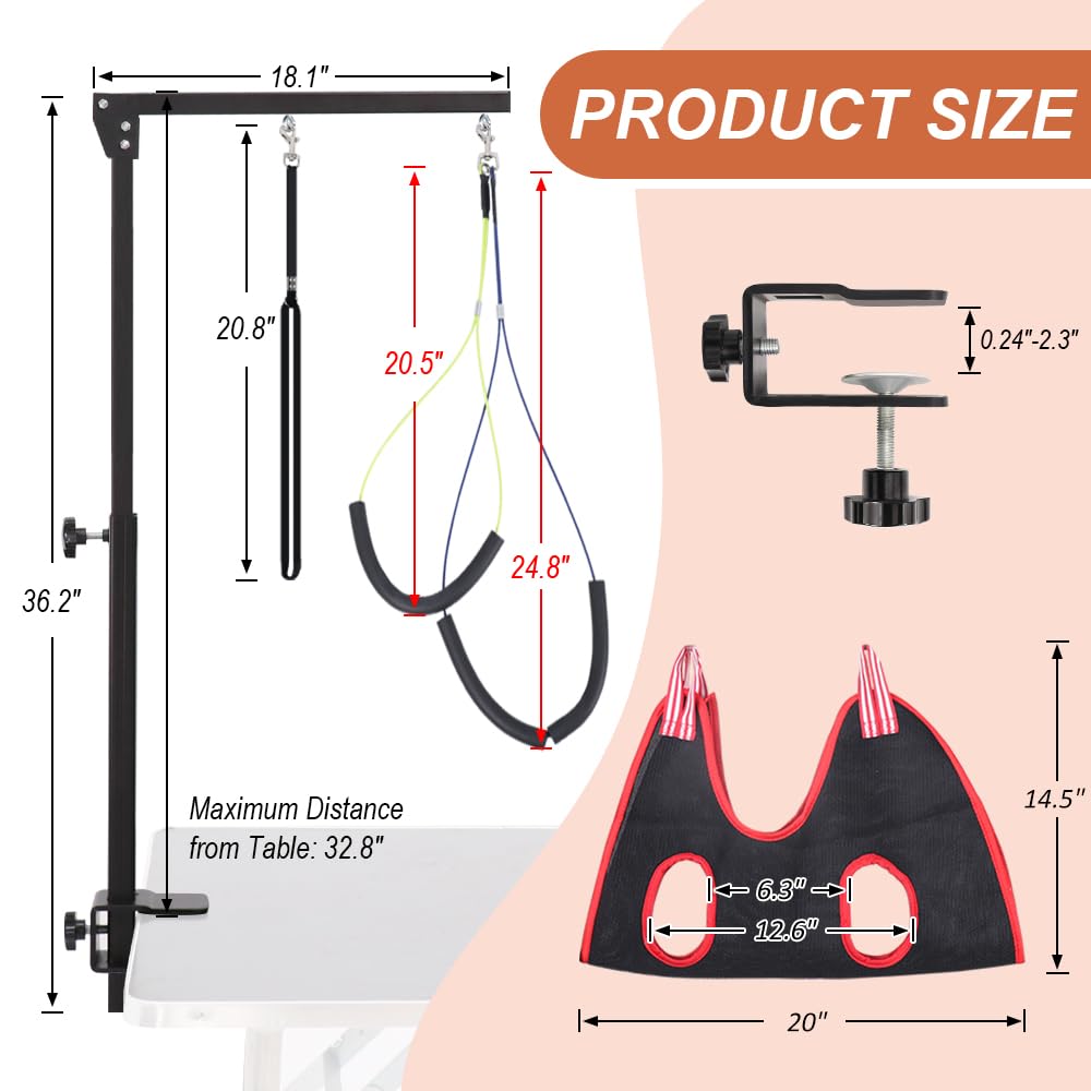 HIDOG Dog Grooming Arm with Clamp, Adjustable Dog Grooming Table Arm with Two No Sit Haunch Holder & Hammock Harness, Foldable Pet Grooming Supplies for Small Medium Dogs HIDOG