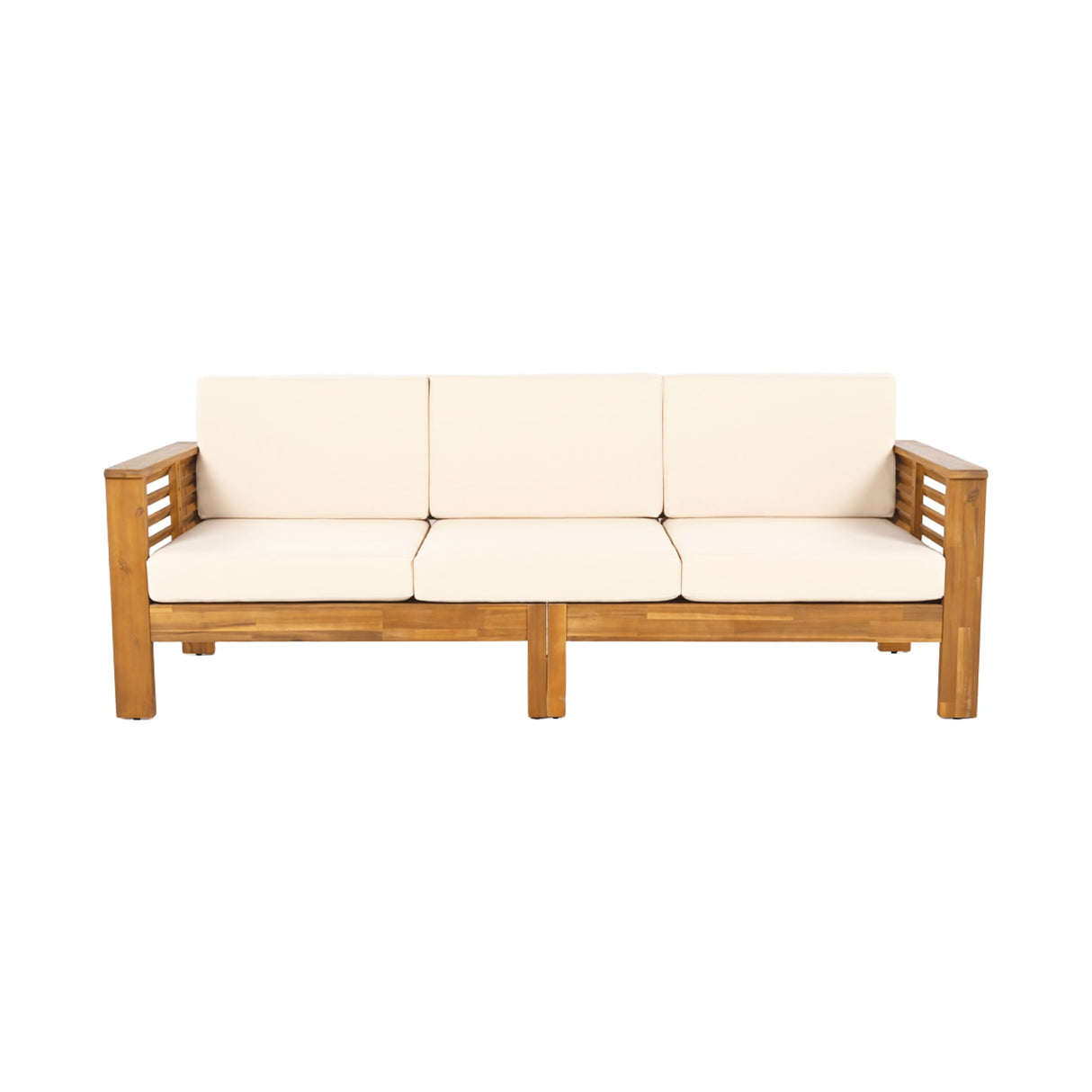 Christopher Knight Home Havets 3 Pieces Outdoor Acacia Furniture Set, Slat Panel Couch, Spacious Seating Armchair, 6" Thick Cushions Sofa and Coffee Table Set for Backyard Garden Balcony, Teak+Beige Christopher Knight Home