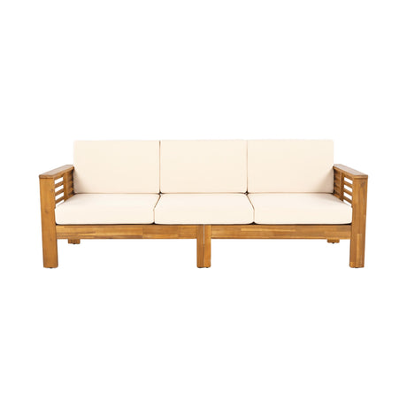 Christopher Knight Home Havets 3 Pieces Outdoor Acacia Furniture Set, Slat Panel Couch, Spacious Seating Armchair, 6" Thick Cushions Sofa and Coffee Table Set for Backyard Garden Balcony, Teak+Beige Christopher Knight Home