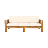 Merax 3 Piece Acacia Wood Patio Furniture Set, Outdoor Sectional Sofa Set with Coffee Table, 4 Seats Sofa Deep Seating with Soft Cushions for Garden, Backyard, Teak & Cream Merax