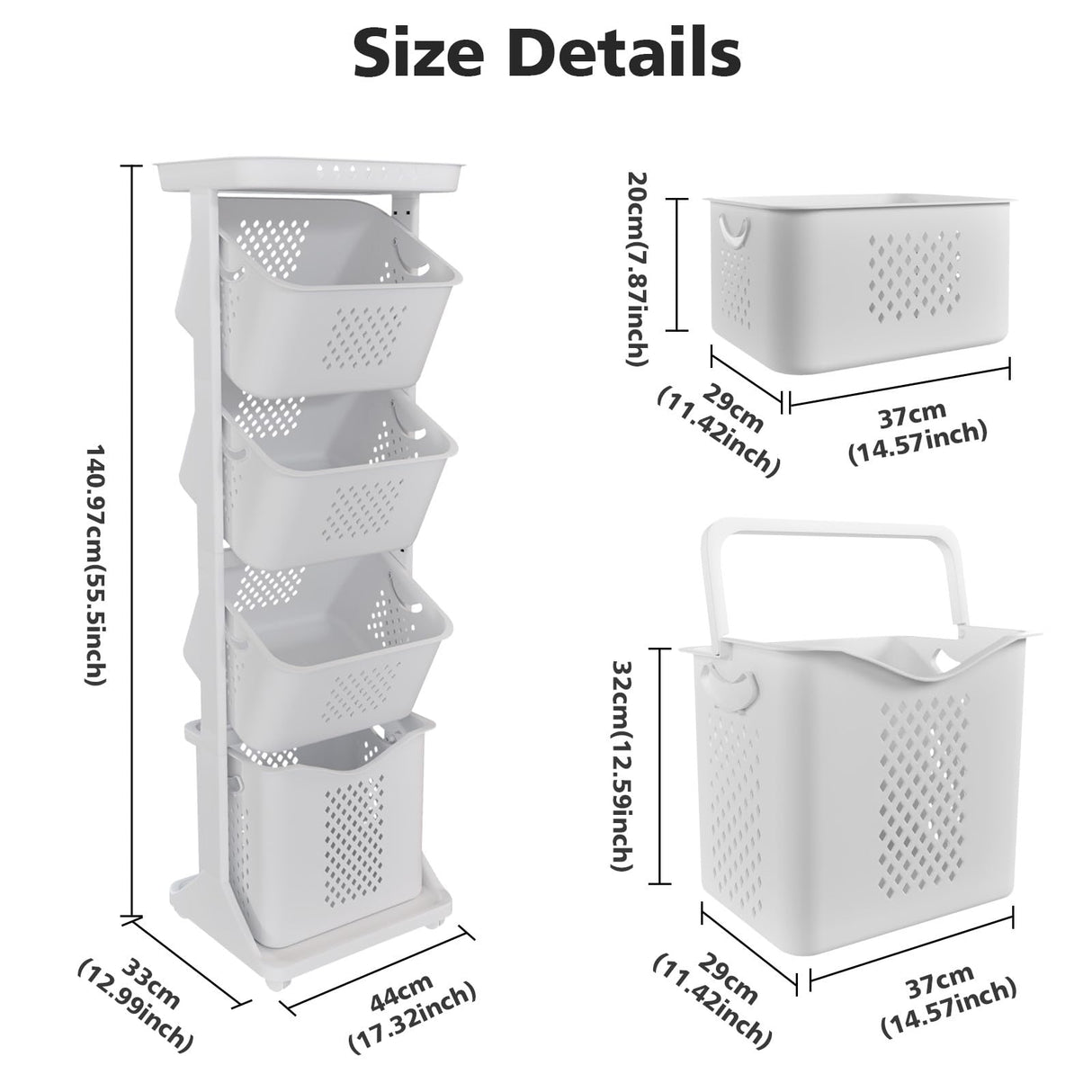 BAOKALER 4-Tier Laundry Hamper Sorter, Vertical Rolling Laundry Baskets with Wheels Removable, Stackable Laundry Cart Organizer and Storage for Small Space, Dorm, Closet, Bathroom BAOKALER