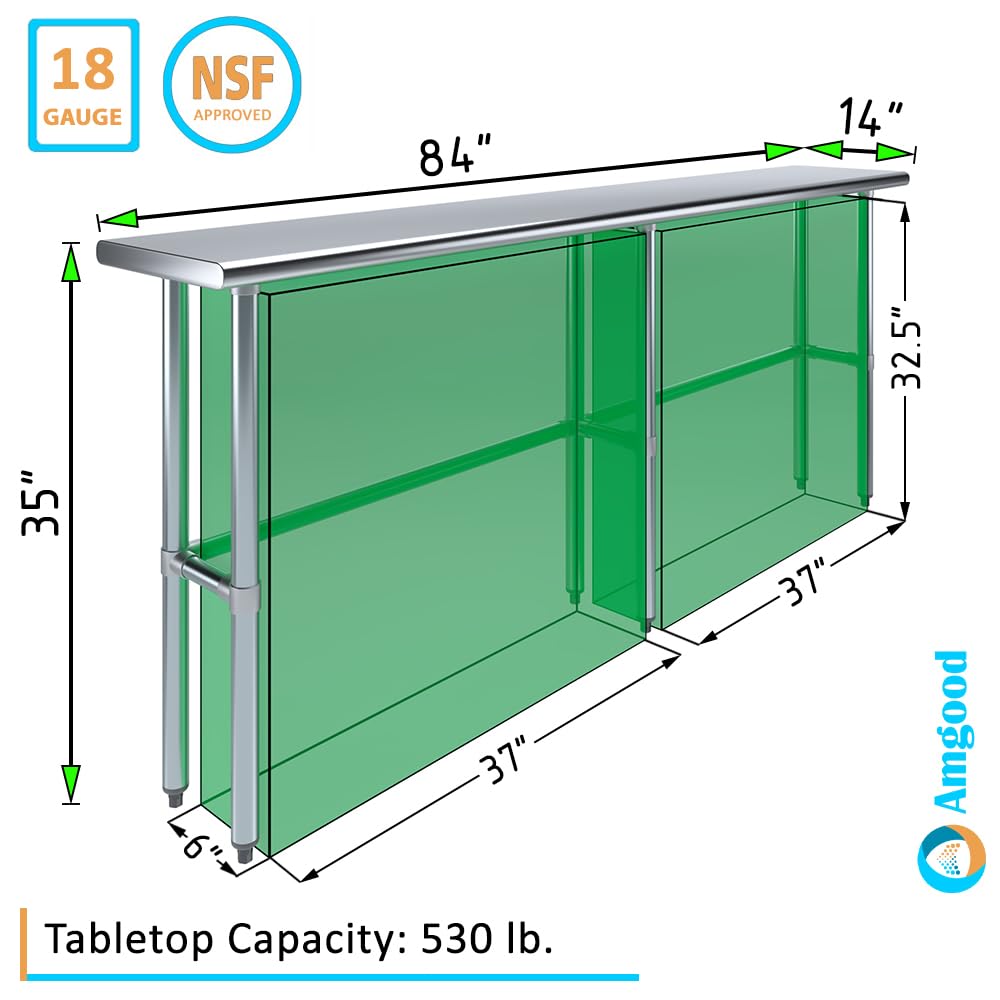 14" x 84" Open Base Stainless Steel Work Table | Residential & Commercial | Food Prep | Heavy Duty Utility Work Station | NSF AmGood