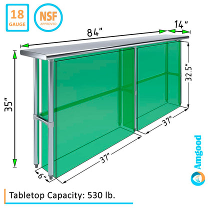 14" x 84" Open Base Stainless Steel Work Table | Residential & Commercial | Food Prep | Heavy Duty Utility Work Station | NSF - WoodArtSupply