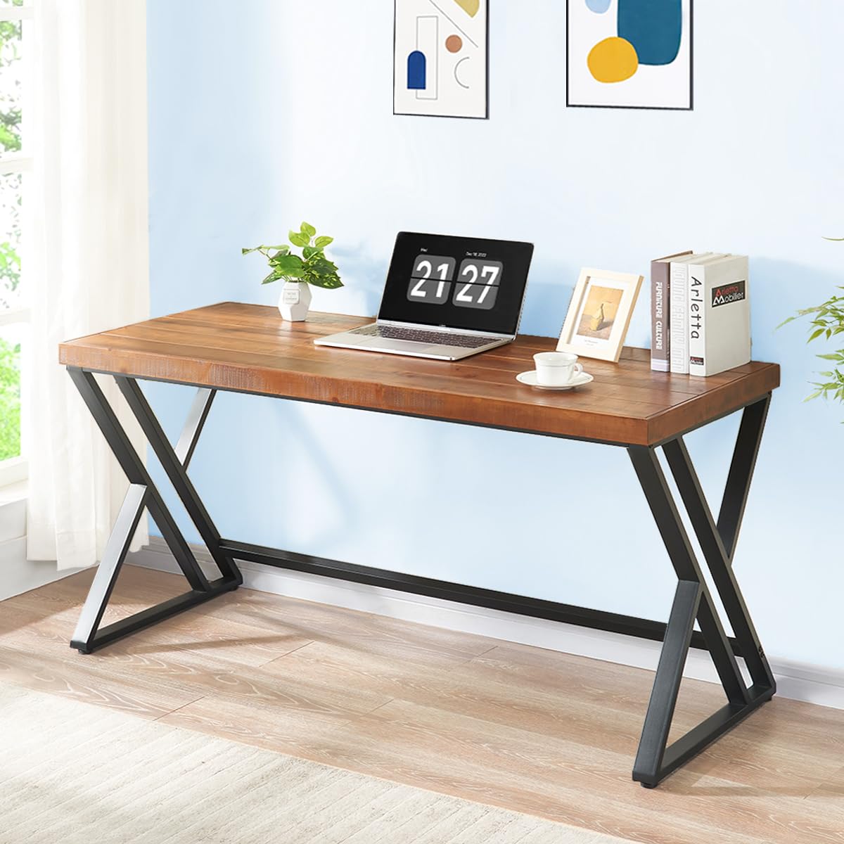 FurniChoi Solid Wood Computer Desk, Modern Real Wood Home Office Desk, Long Rustic Farmhouse Natural Wood Writing Desk, Executive Workstation PC Desk Table for Living Room Bedroom, Brown, 55 inch FurniChoi