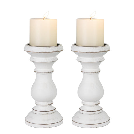 Candle Holder for Pillar Candle Set of 2, Farmhouse Wood Candle Holder, Rustic Wooden Candle Stand, Vintage Wooden Candlestick Holders Decorative for Living Room, Table Centerpiece, Antique White CEDARLUX
