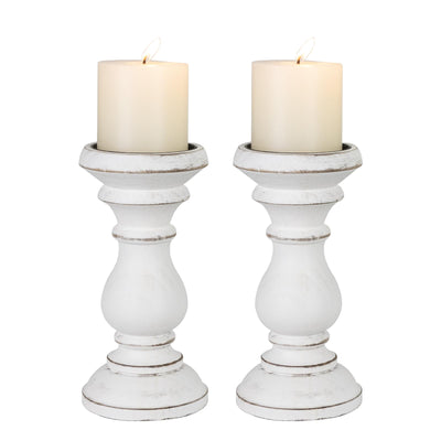 Candle Holder for Pillar Candle Set of 2, Farmhouse Wood Candle Holder, Rustic Wooden Candle Stand, Vintage Wooden Candlestick Holders Decorative for Living Room, Table Centerpiece, Antique White