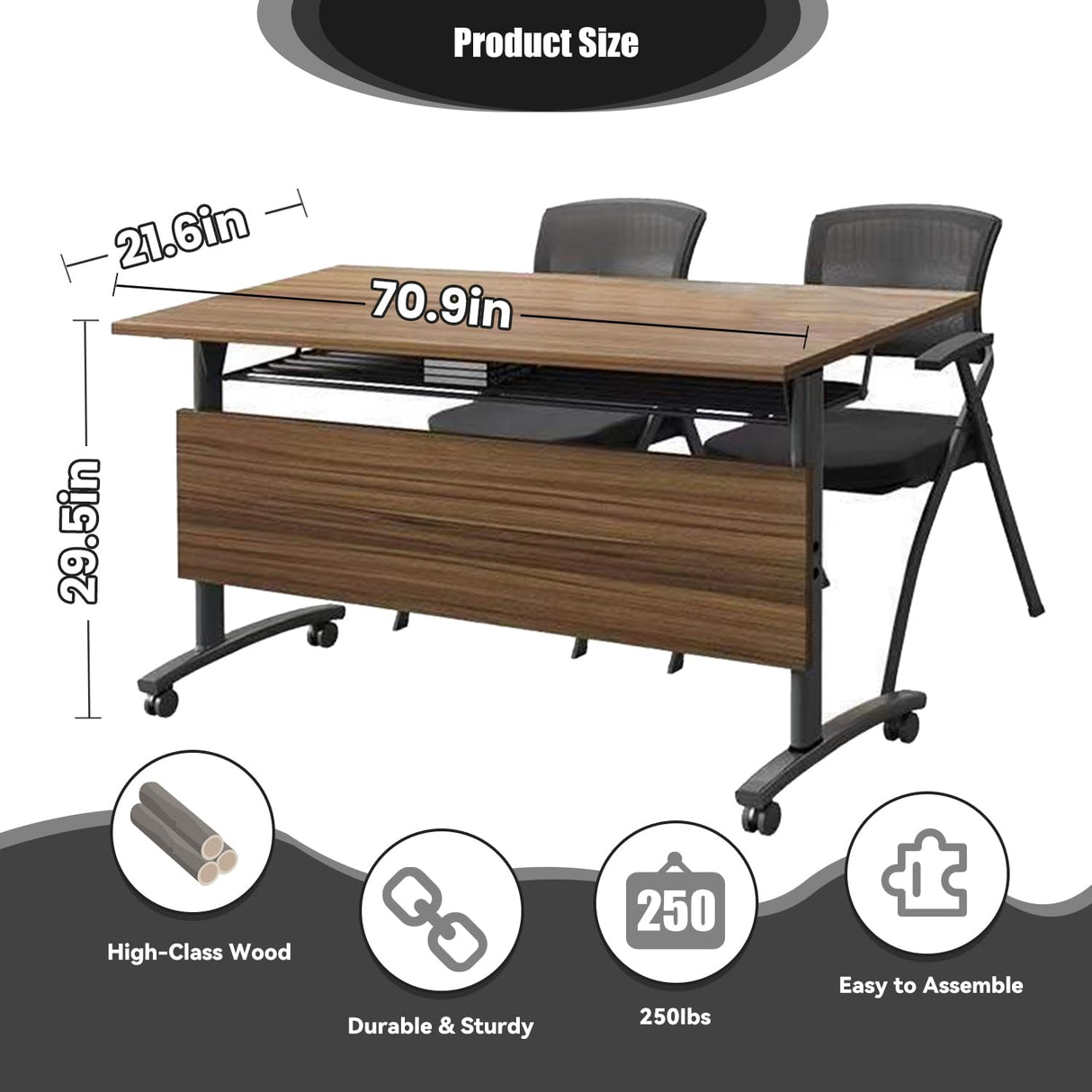 Folding Conference Table,Modern Mobile Meeting Table with Silent Wheels,Large Conference Room Tables,Flip Top Mobile Training Table for Office,Meeting Room,Classroom (8pack 70.8 * 21.6 * 29.5) Molpeiy