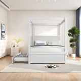 Modenr Full Size Canopy Bed with Trundle for Adult, Solid Wood 4 Post Platform Bed Frame with Headboard, No Box Spring Needed, Wood Canopy Bed with Trundle, White SOFTSEA