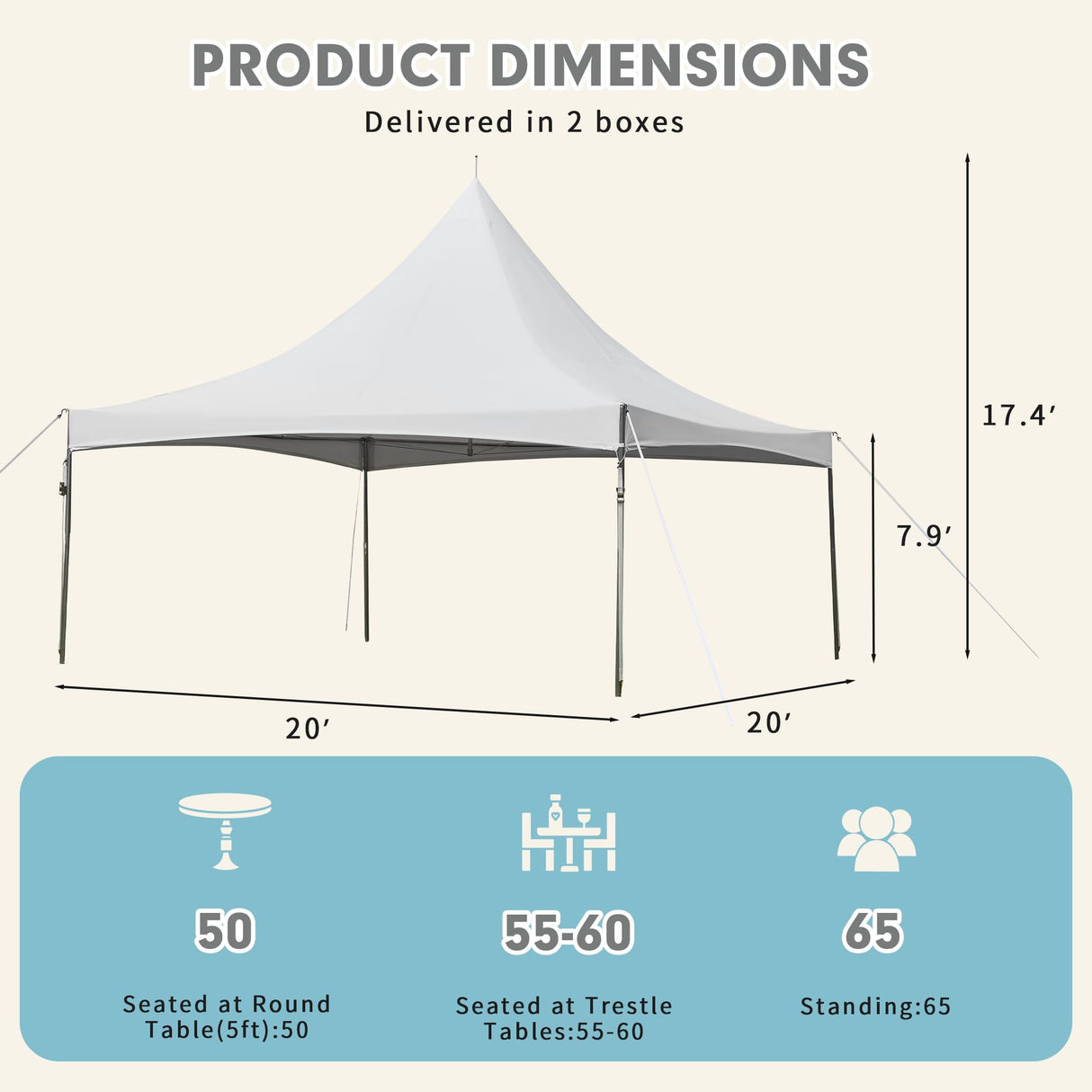 EROMMY 20x20ft Party Tent, Outdoor Wedding Tent, Heavy Duty Peaked Frame Canopy with Fire Retardant PVC Top, 80 Person Capacity Large Canopy Carport, Gazebo Shelter Tent for Event Commercials, White EROMMY