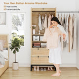 Brafab 74" Natural Rattan Woven Wardrobe Armoire Closet with Hanging Rod, Natural Wooden Armoires Storage Cabinet with Large Drawers and Adjustable Shelves, Tall Freestanding Wooden Closet for Bedroom Brafab