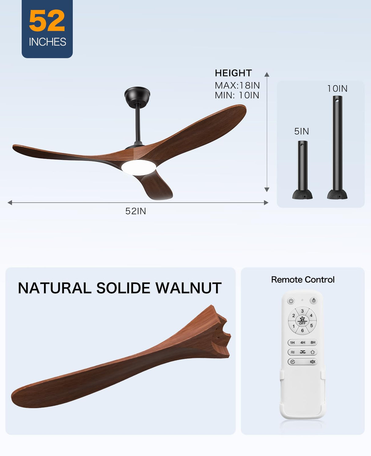 JOYEYE Ceiling Fans with Lights and Remote, 3 Solid Wood Blades, Outdoor Wooden Ceiling Fan with 2 Downrods for Patios, 52 Inch Modern Ceiling Fan with Noiseless Reversible DC Motor JOYEYE