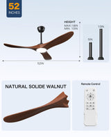 JOYEYE Ceiling Fans with Lights and Remote, 3 Solid Wood Blades, Outdoor Wooden Ceiling Fan with 2 Downrods for Patios, 52 Inch Modern Ceiling Fan with Noiseless Reversible DC Motor JOYEYE