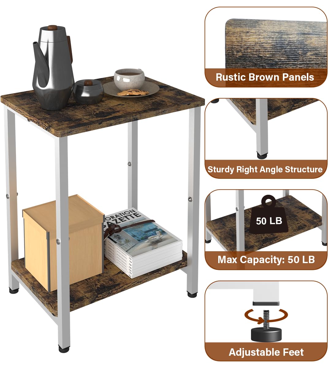 Tigerden 2 Tier Side Table, Heavy Duty End Table with Shelves, Narrow nightstand Table for Small Spaces, Record Player Table for Bedroom, Living Room, Sofa Couch - Rustic Brown & White Tigerden