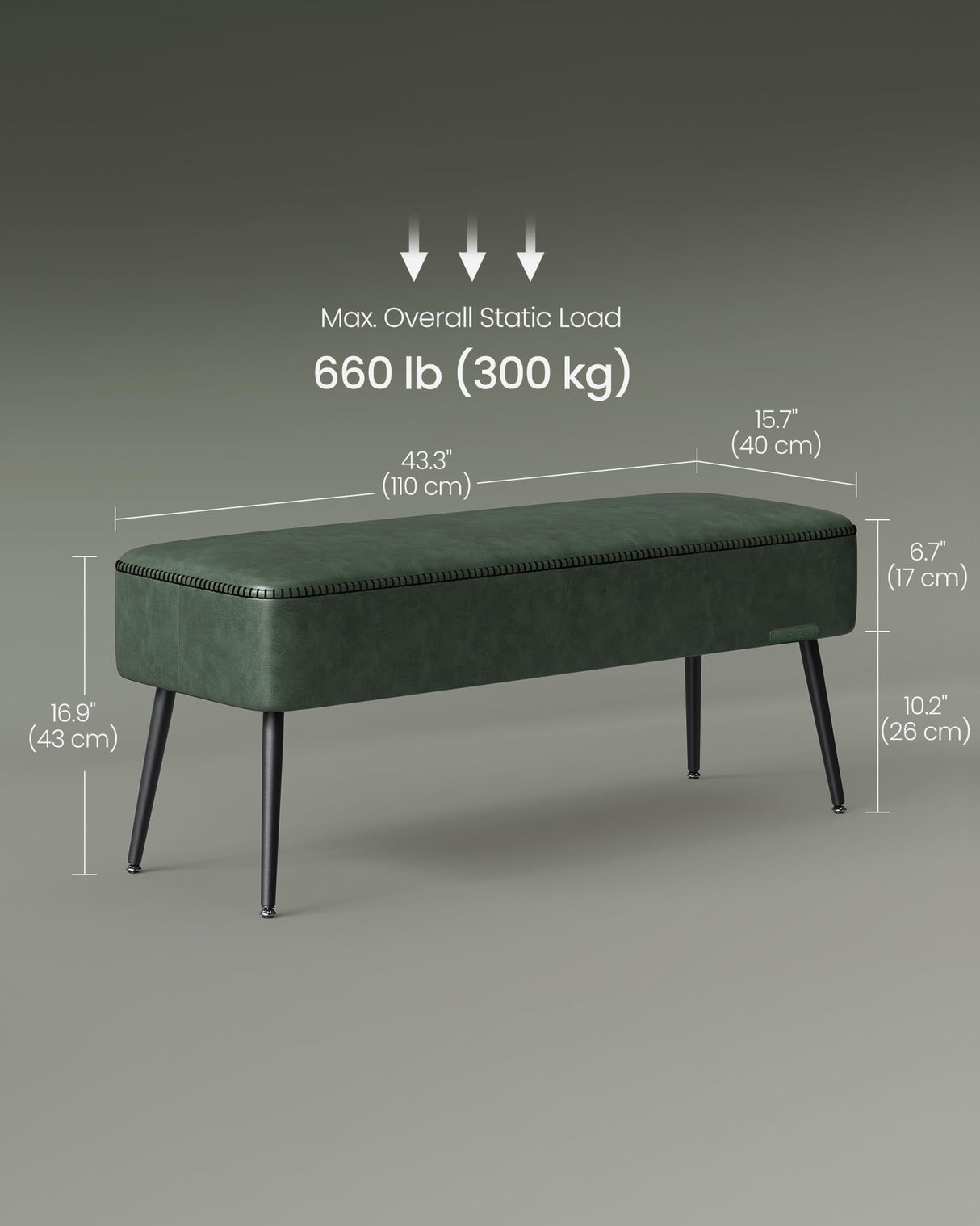 VASAGLE EKHO Collection - Bench for Entryway Bedroom, Synthetic Leather with Stitching, Ottoman Bench with Steel Legs, Living Dining Room, Mid-Century Modern, Loads 660 lb, Forest Green ULOM076C01 VASAGLE