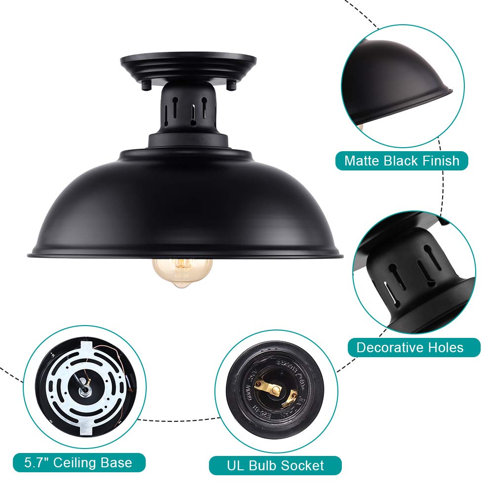 HMVPL Semi Flush Mount Ceiling Light Fixture, Farmhouse Light Fixtures, Black Outdoor Close to Ceiling Light for Porch, Entryway, Hallway, Foyer, and Gazebo HMVPL