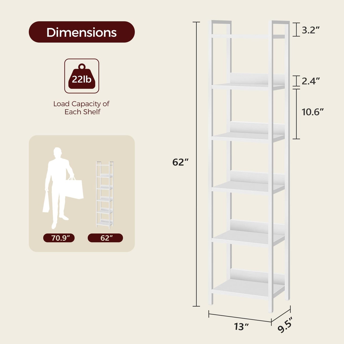 MAHANCRIS 6-Tier Bookshelf, Bookcase, Shelves Organizer for Small Spaces, Storage Shelf Organizer, for Living Room, Bedroom, Study, Balcony, White BKBW6601