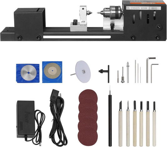 VEVOR Mini Lathe Machine, 2.76 in x 6.3 in, 24VDC 96W Mini Wood Lathe Tools Milling Machine Accessories, 7 Speeds 4220/5300/5650/6350/6660/7050/8450 RPM, for DIY Woodworking Wood Drill Rotary Tool