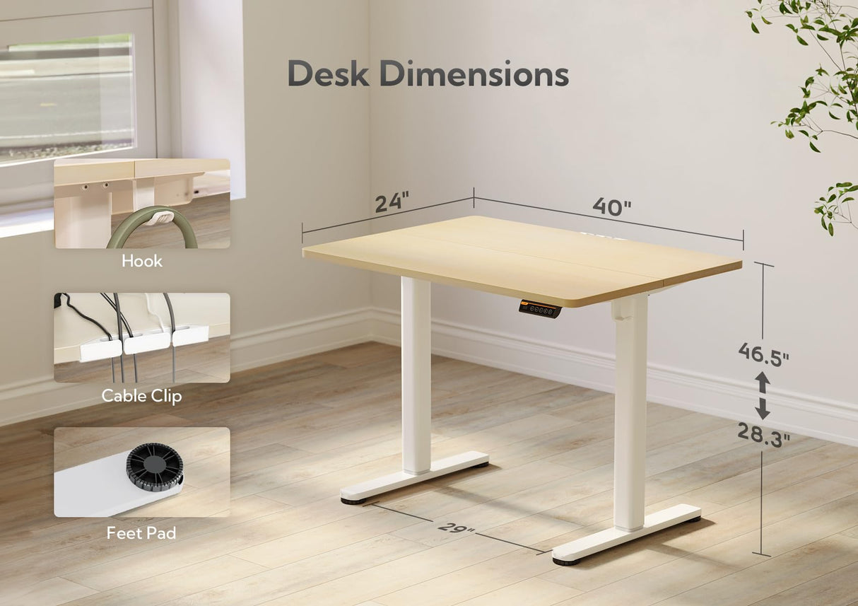 Claiks Electric Standing Desk, Adjustable Height Stand up Desk, 40x24 Inches Sit Stand Home Office Desk with Splice Board, White Frame/Nature Top Claiks