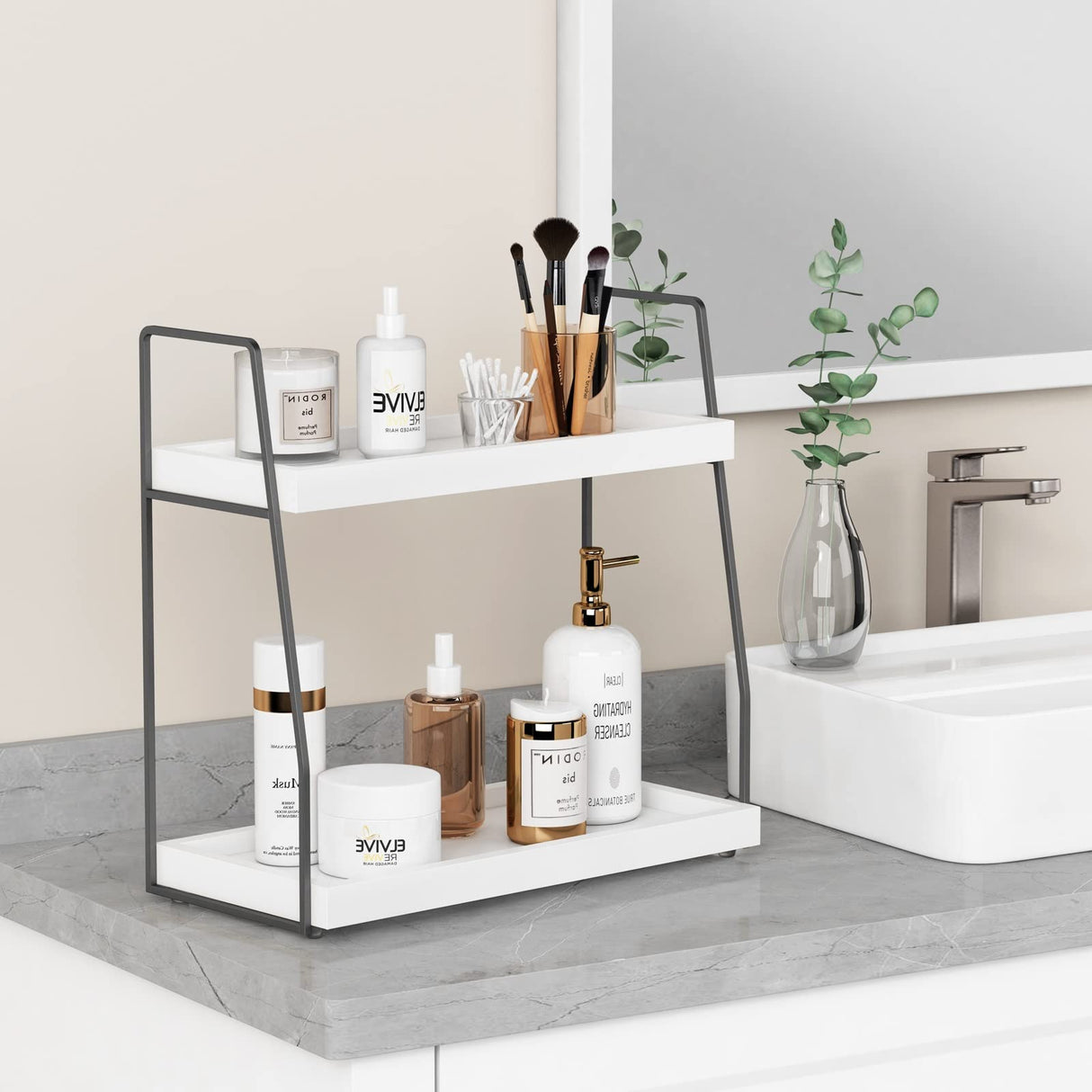 Forbena 2 Tier Bathroom Counter Organizer, White and Grey Coffee Bar Organizer for Countertop, Wood Shelf Tray for Vanity Makeup Storage, Small Kitchen Sink Top Organizers for Coffee Bar Station Forbena