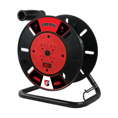 EP Extension Cord Storage Reel with 4-Grounded Outlets, Heavy Duty Open Cord Reel for 12/3 14/3 16/3 Power Cords, Portable Empty Hand Crank Electric Cord Roller Holder, Red