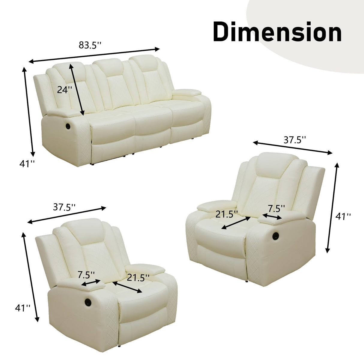 GEBADOL Leather Power Recliner Set with LED, 3-Piece Recliner Sofa and Loveseat Chair with Storage Console/Charging Port, Modern Reclining Furniture for Living Room (Cream-White, Sofa+2 Chairs) GEBADOL