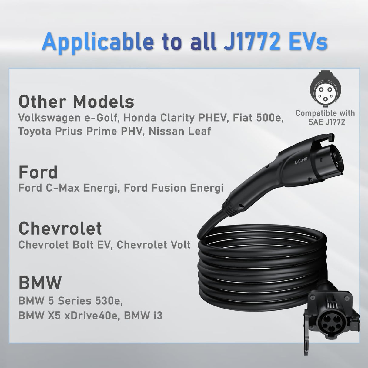 EVCONN J1772 Extension Cable, 20ft 40A 110V-240V EV Charger Extension Cable Compatible with All J1772 EV Chargers for Level 1/2 Stations with Carrying Bag EVCONN