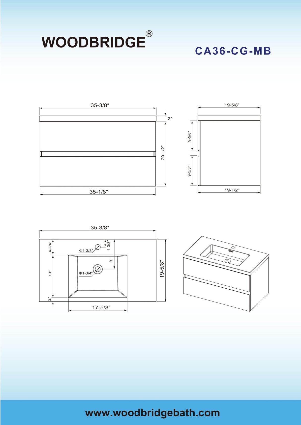 WOODBRIDGE 36 in. W x 19 in. D Wall Mounted Floating Bathroom Vanity in Gray with Quartz Sand Composite Vanity Top in Matte Black WOODBRIDGE