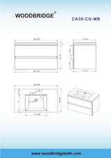 WOODBRIDGE 36 in. W x 19 in. D Wall Mounted Floating Bathroom Vanity in Gray with Quartz Sand Composite Vanity Top in Matte Black WOODBRIDGE