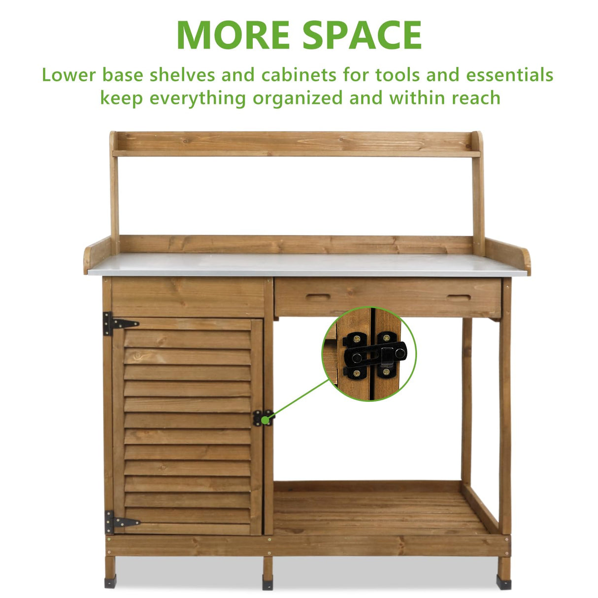PetsCosset Garden Potting Benche Table Outdoor Wooden Work Station W/Metal Table top,Cabinet,Drawer,Large Bottom Shelf,Open Shelf Natural Wood-Brown-Brown PetsCosset