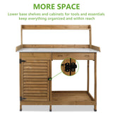 PetsCosset Garden Potting Benche Table Outdoor Wooden Work Station W/Metal Table top,Cabinet,Drawer,Large Bottom Shelf,Open Shelf Natural Wood-Brown-Brown PetsCosset