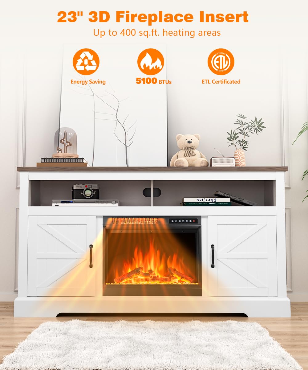 Cowsar 60" Fireplace TV Stand Mantel Wood Surround Firebox, Freestanding Fireplace Heater, Adjustable Led Flame, Remote Control, 750W-1500W, White