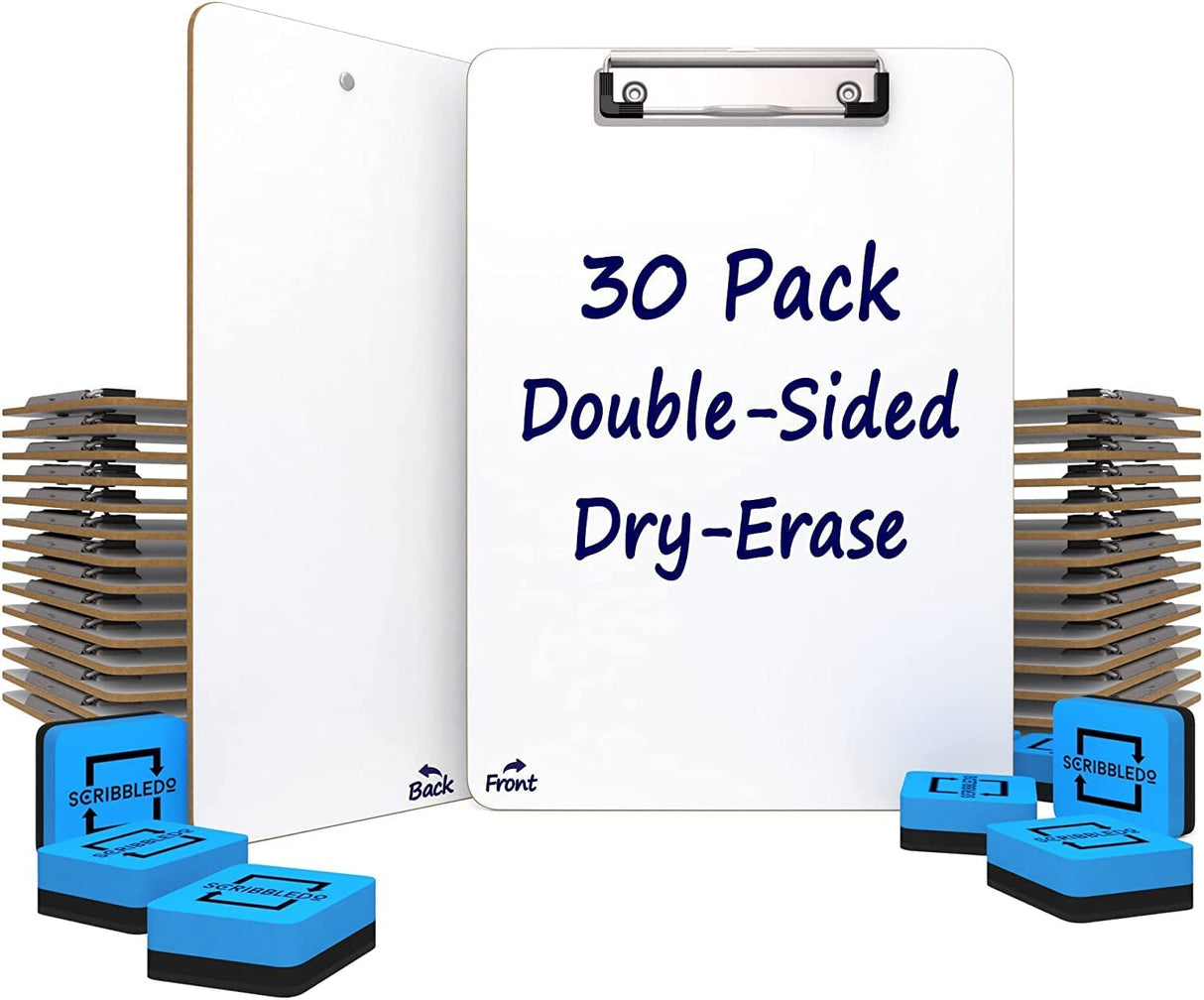SCRIBBLEDO 30 Pack Double Sided Dry Erase Clipboards 9"x12" Durable Clipboards Bulk with 30 Dry Erase Erasers, Dry Erase Clipboard with Low Profile Clip for School, Classroom and Home Use Scribbledo